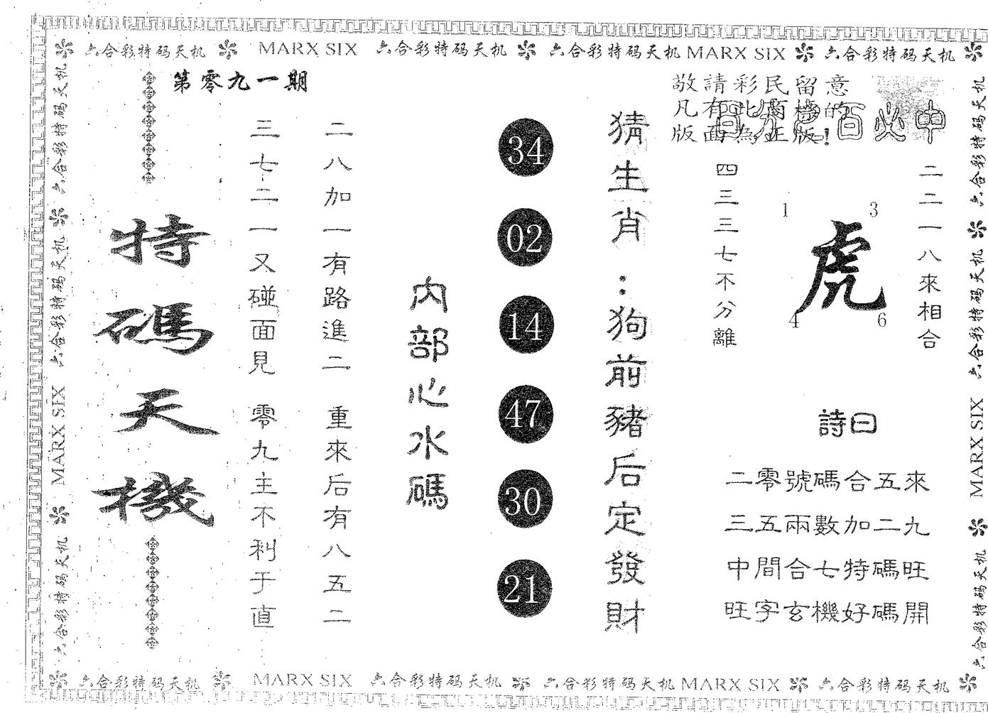 特码天机 第91期